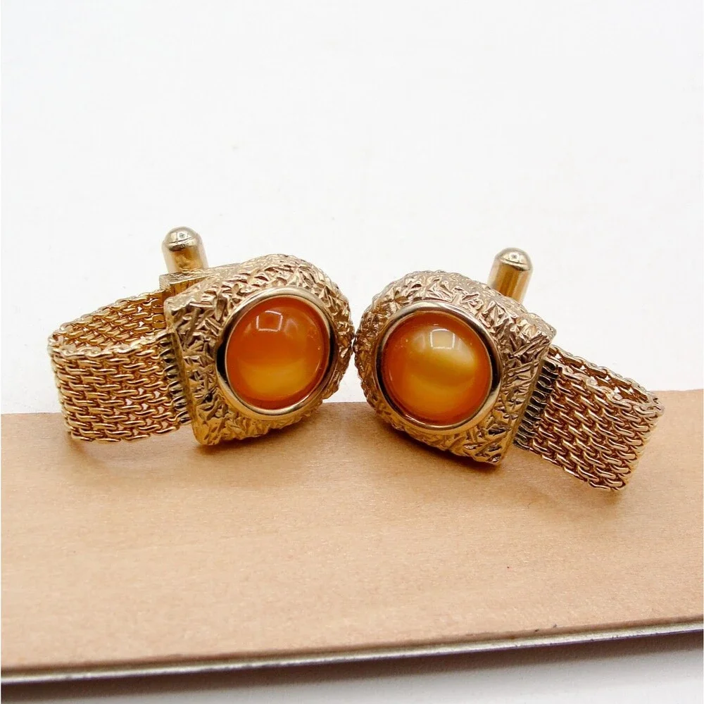 Vintage Swank Orange Moonglow Cabochon Gold Tone Mesh Wrap Around Cufflinks MCM
